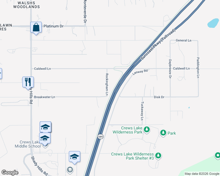 map of restaurants, bars, coffee shops, grocery stores, and more near 15604 Rockingham Lane in Spring Hill
