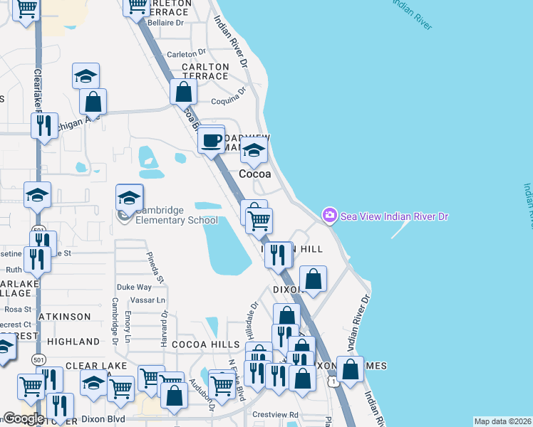 map of restaurants, bars, coffee shops, grocery stores, and more near 121 Circle Drive in Cocoa