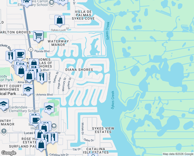 map of restaurants, bars, coffee shops, grocery stores, and more near 390 Ursa Avenue in Merritt Island