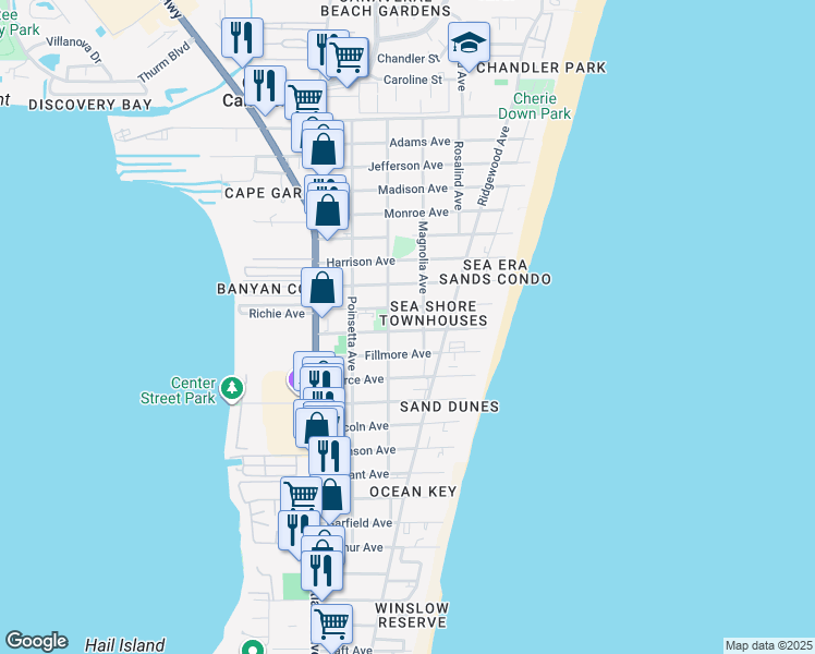map of restaurants, bars, coffee shops, grocery stores, and more near 350 Taylor Avenue in Cape Canaveral