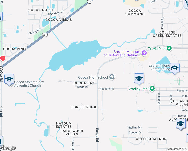 map of restaurants, bars, coffee shops, grocery stores, and more near North Range Road in Cocoa