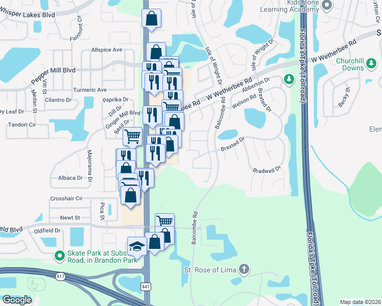 map of restaurants, bars, coffee shops, grocery stores, and more near 1721 Sir John Court in Orlando