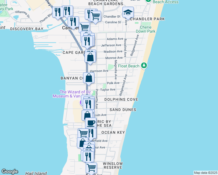 map of restaurants, bars, coffee shops, grocery stores, and more near 310 Taylor Avenue in Cape Canaveral