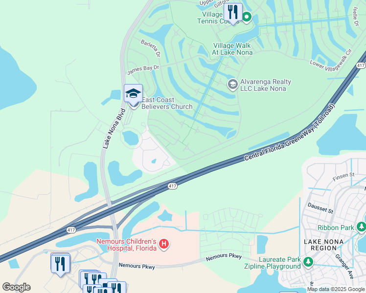 map of restaurants, bars, coffee shops, grocery stores, and more near 12137 Breda Lane in Orlando