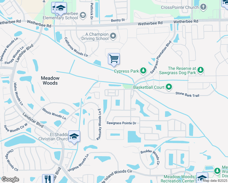 map of restaurants, bars, coffee shops, grocery stores, and more near 1335 Honey Blossom Drive in Orlando
