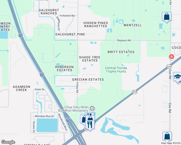 map of restaurants, bars, coffee shops, grocery stores, and more near 4924 Corfu Drive in Cocoa