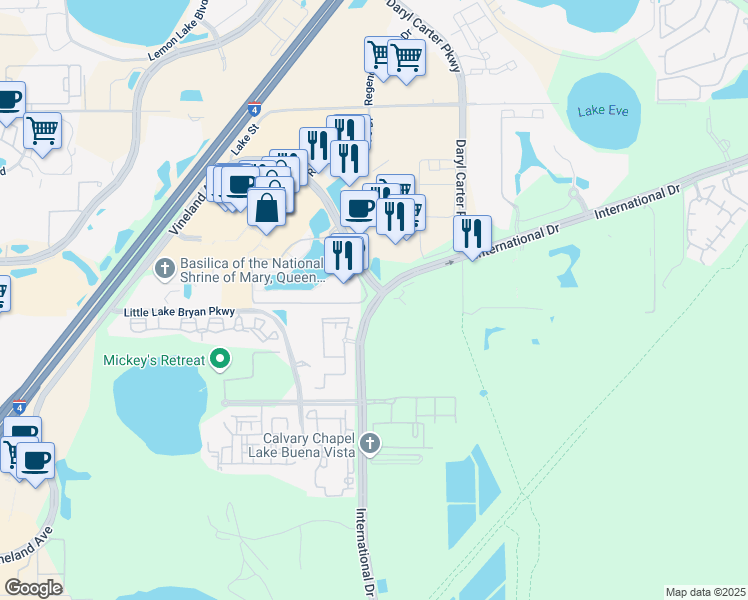 map of restaurants, bars, coffee shops, grocery stores, and more near International Drive in Orlando