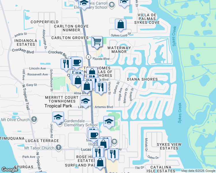 map of restaurants, bars, coffee shops, grocery stores, and more near 1565 Venus Street in Merritt Island
