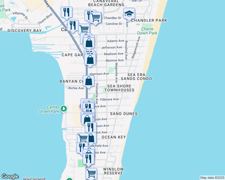 map of restaurants, bars, coffee shops, grocery stores, and more near 350 Taylor Avenue in Cape Canaveral