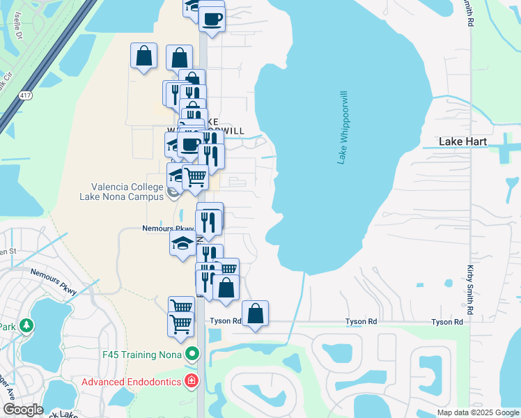 map of restaurants, bars, coffee shops, grocery stores, and more near 12575 Narcoossee Road in Orlando