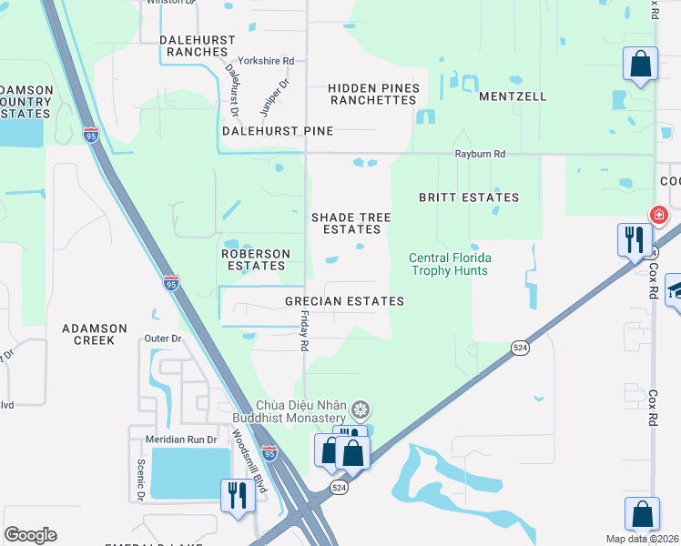 map of restaurants, bars, coffee shops, grocery stores, and more near 4924 Corfu Drive in Cocoa