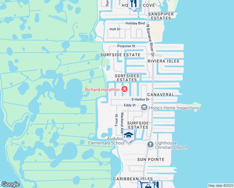 map of restaurants, bars, coffee shops, grocery stores, and more near 1535 Bream Street in Merritt Island