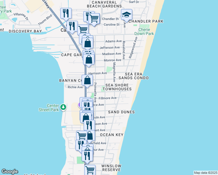 map of restaurants, bars, coffee shops, grocery stores, and more near 355 Polk Avenue in Cape Canaveral