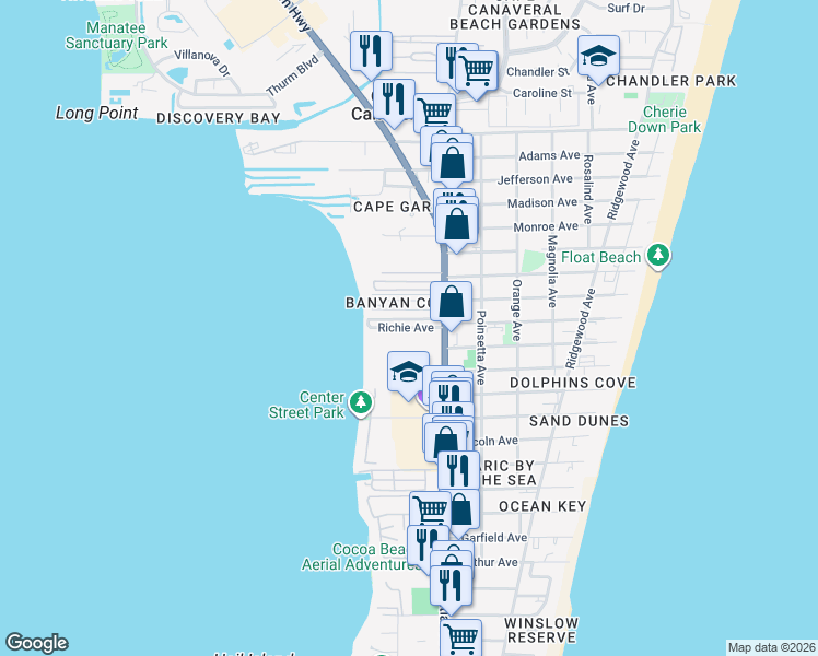 map of restaurants, bars, coffee shops, grocery stores, and more near 211 Richie Avenue in Cape Canaveral