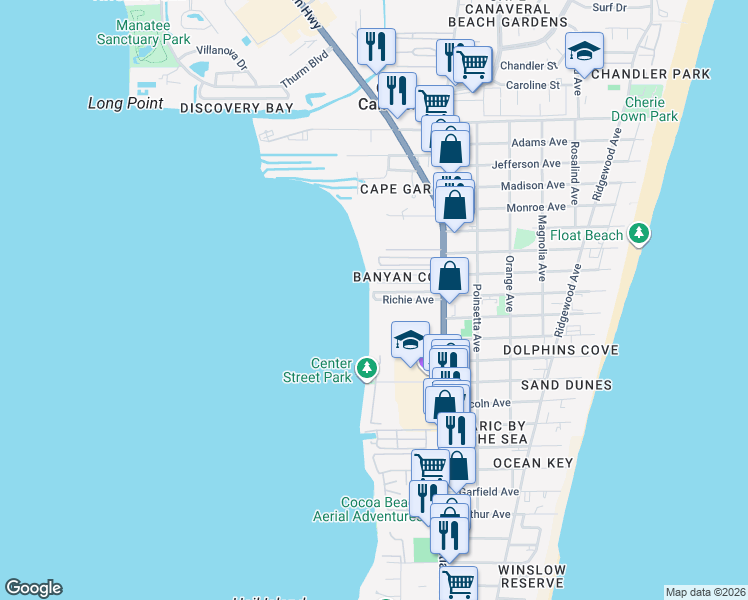 map of restaurants, bars, coffee shops, grocery stores, and more near 361 Richie Avenue in Cape Canaveral