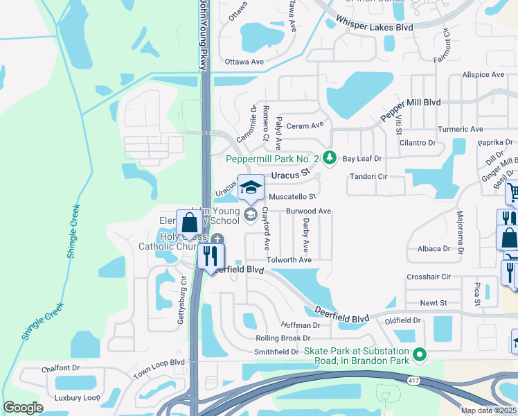 map of restaurants, bars, coffee shops, grocery stores, and more near 12450 Crayford Avenue in Orlando