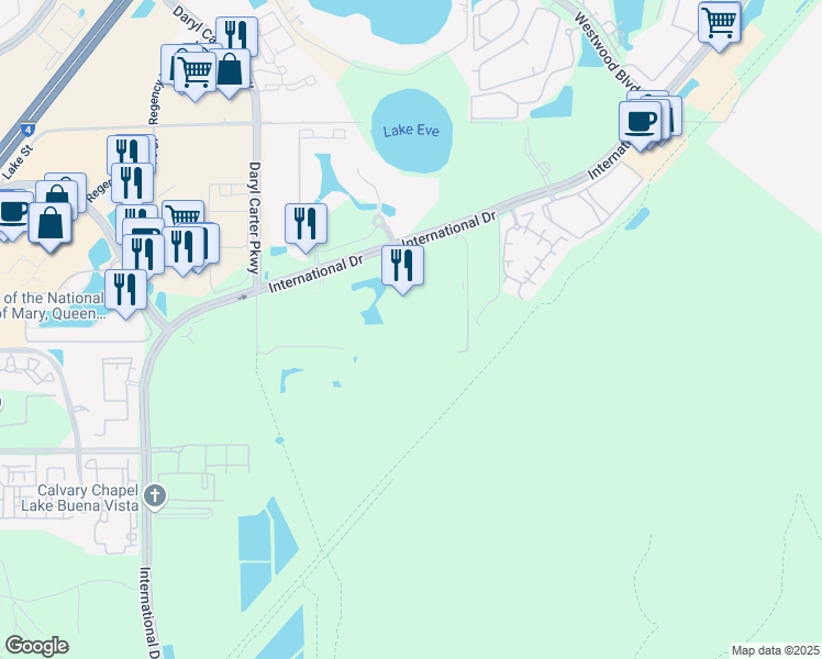 map of restaurants, bars, coffee shops, grocery stores, and more near 12329 Palm Beach Drive in Bay Lake