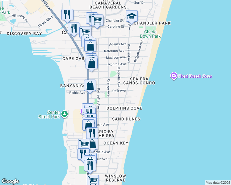 map of restaurants, bars, coffee shops, grocery stores, and more near 375 Polk Avenue in Cape Canaveral