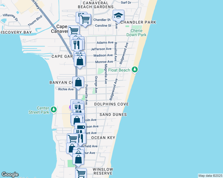 map of restaurants, bars, coffee shops, grocery stores, and more near 419 Polk Avenue in Cape Canaveral