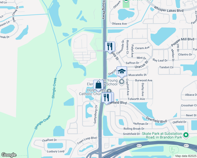 map of restaurants, bars, coffee shops, grocery stores, and more near 12421 Appomatox Drive in Orlando