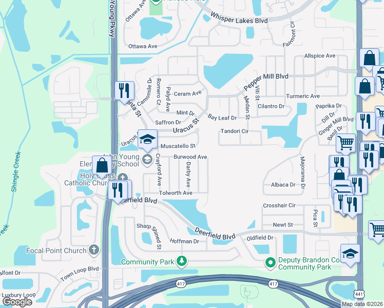 map of restaurants, bars, coffee shops, grocery stores, and more near 2831 Burwood Avenue in Orlando