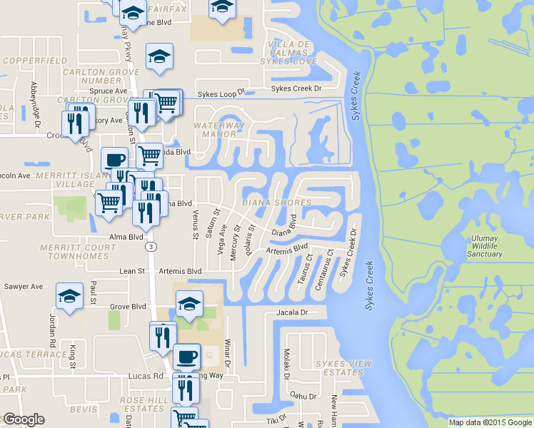 map of restaurants, bars, coffee shops, grocery stores, and more near 1565 Mars Street in Merritt Island