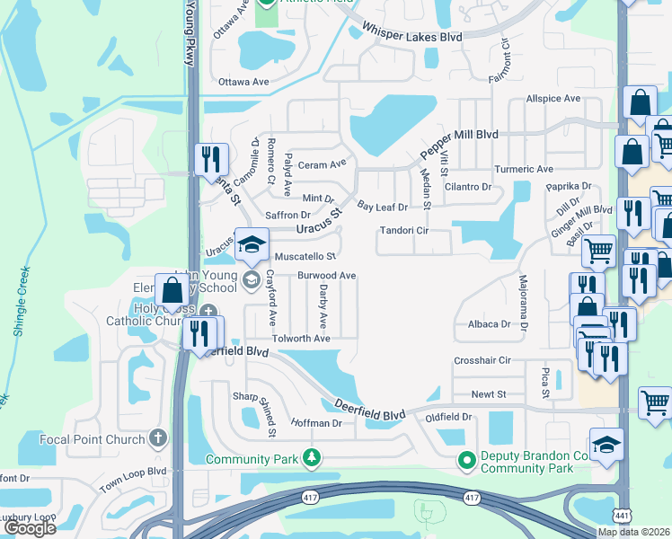 map of restaurants, bars, coffee shops, grocery stores, and more near 2831 Burwood Avenue in Orlando