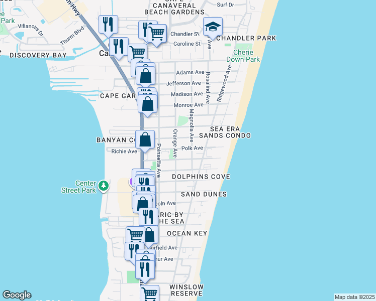 map of restaurants, bars, coffee shops, grocery stores, and more near 375 Polk Avenue in Cape Canaveral