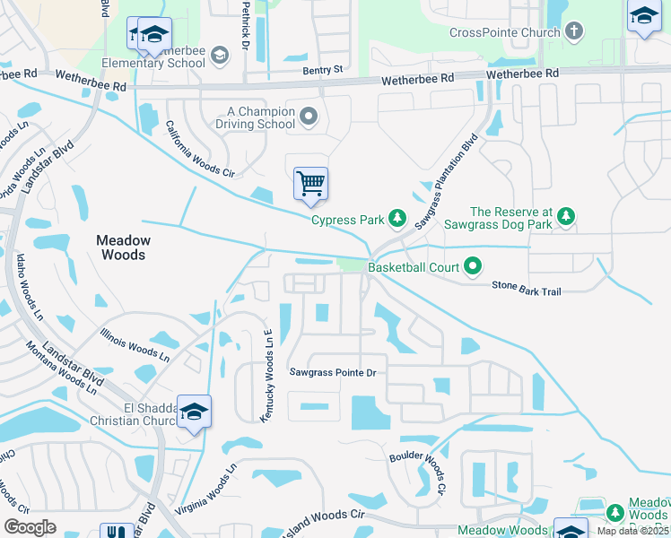 map of restaurants, bars, coffee shops, grocery stores, and more near 1335 Honey Blossom Drive in Orlando