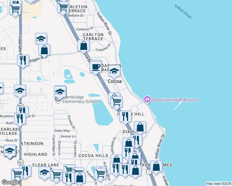 map of restaurants, bars, coffee shops, grocery stores, and more near 121 Circle Drive in Cocoa