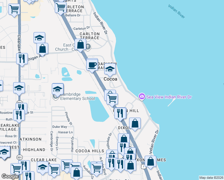 map of restaurants, bars, coffee shops, grocery stores, and more near 121 Circle Drive in Cocoa