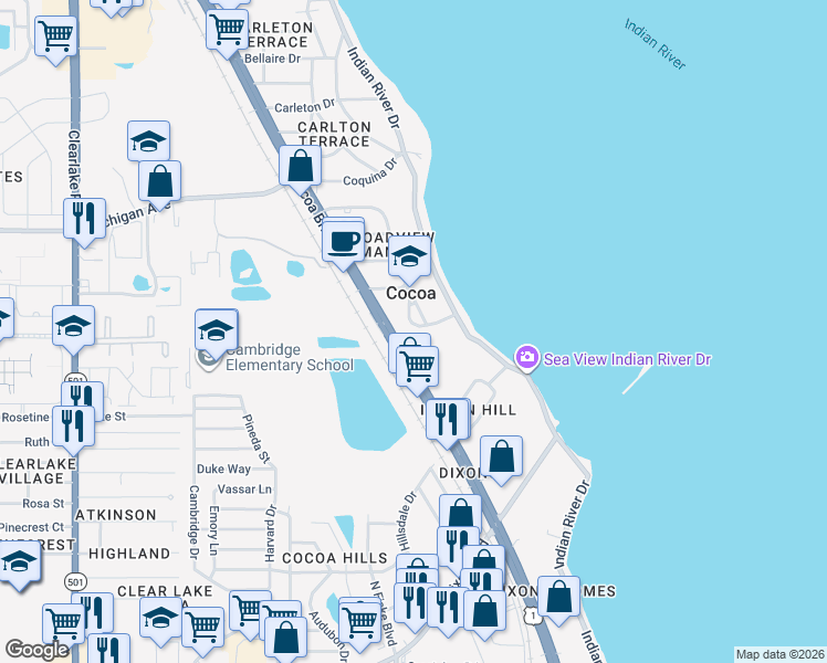 map of restaurants, bars, coffee shops, grocery stores, and more near 121 Circle Drive in Cocoa
