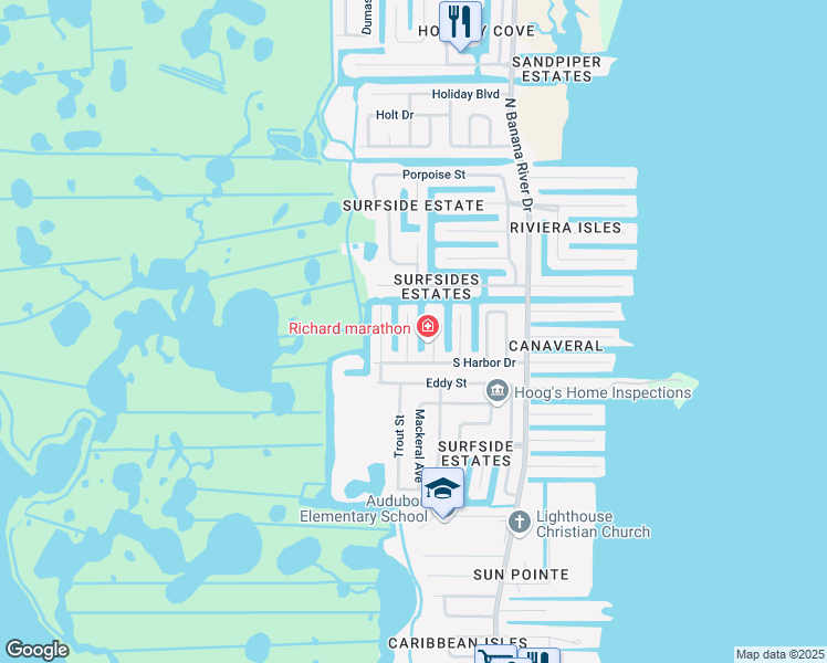 map of restaurants, bars, coffee shops, grocery stores, and more near 1535 Bream Street in Merritt Island