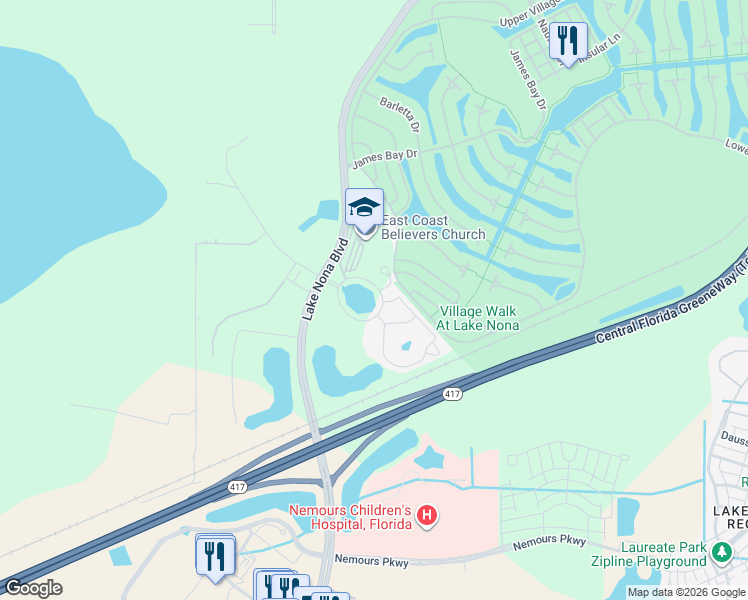 map of restaurants, bars, coffee shops, grocery stores, and more near 7700 Lake Nona Boulevard in Orlando