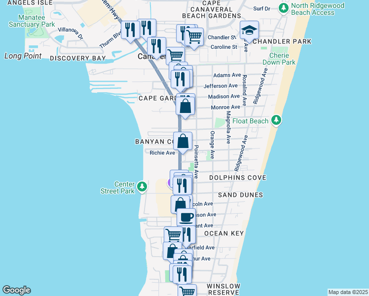 map of restaurants, bars, coffee shops, grocery stores, and more near 100 Polk Avenue in Cape Canaveral