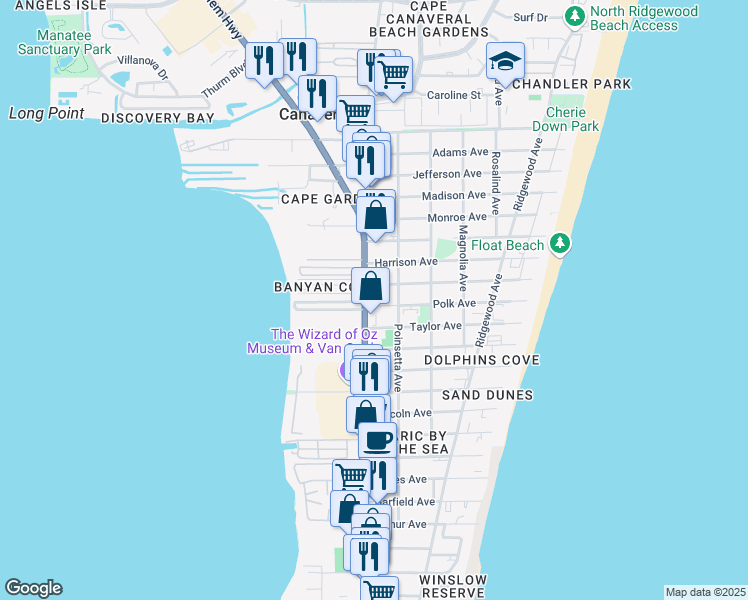 map of restaurants, bars, coffee shops, grocery stores, and more near 100 Polk Avenue in Cape Canaveral