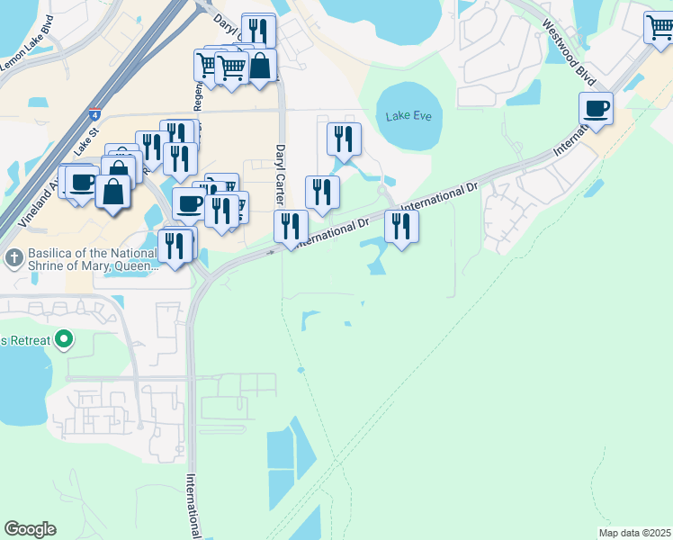 map of restaurants, bars, coffee shops, grocery stores, and more near 12501 Lake Square Circle in Orlando