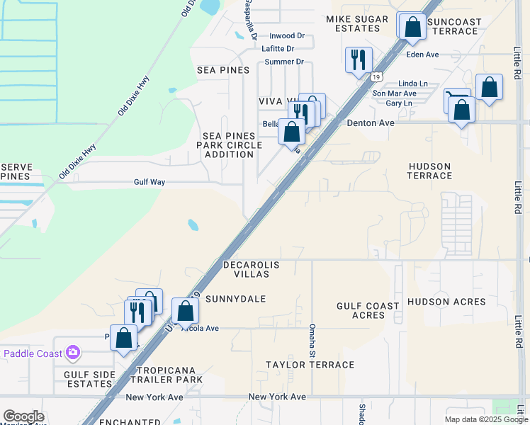 map of restaurants, bars, coffee shops, grocery stores, and more near 15718 Florida 55 in Hudson