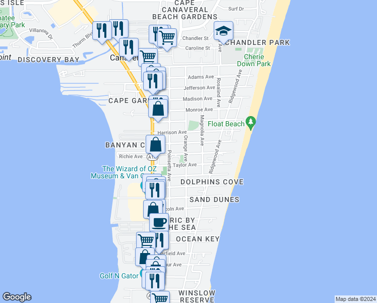 map of restaurants, bars, coffee shops, grocery stores, and more near 276 Polk Avenue in Cape Canaveral