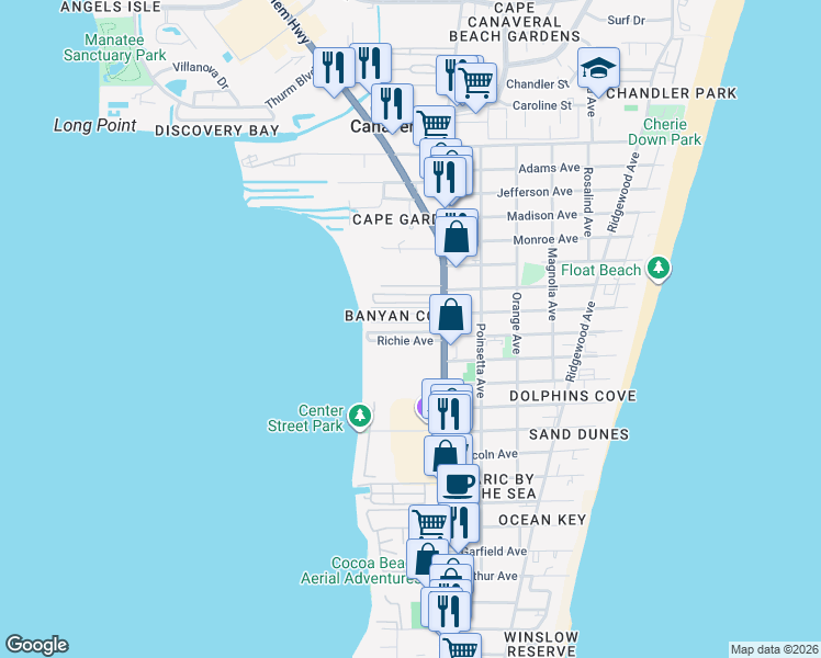 map of restaurants, bars, coffee shops, grocery stores, and more near 211 Richie Avenue in Cape Canaveral