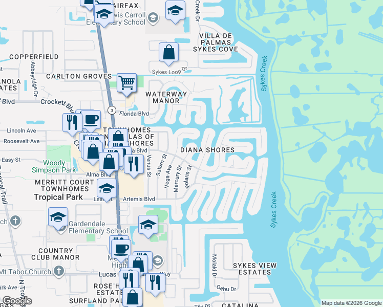 map of restaurants, bars, coffee shops, grocery stores, and more near 1580 Mercury Street in Merritt Island