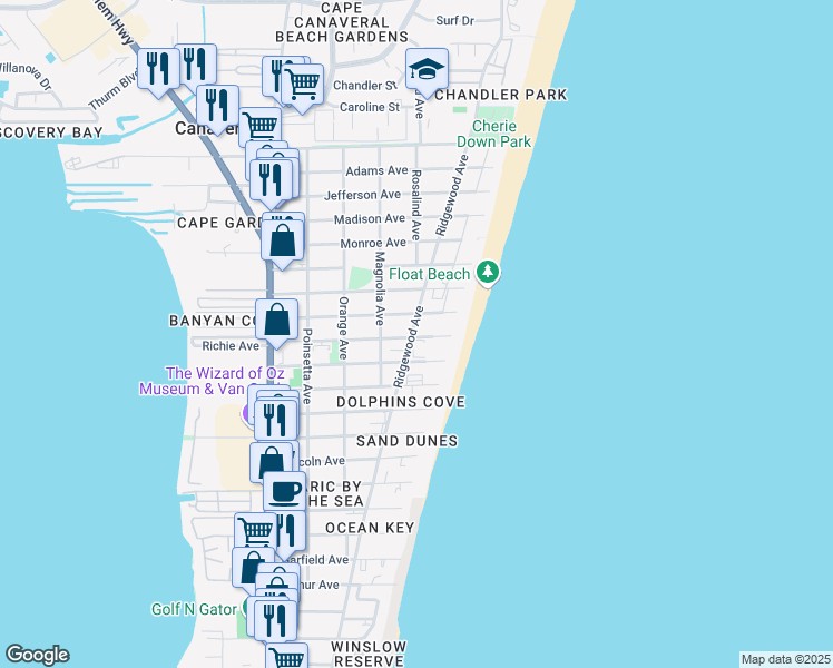 map of restaurants, bars, coffee shops, grocery stores, and more near 7520 Ridgewood Avenue in Cape Canaveral