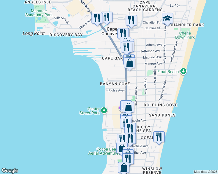 map of restaurants, bars, coffee shops, grocery stores, and more near 361 Richie Avenue in Cape Canaveral