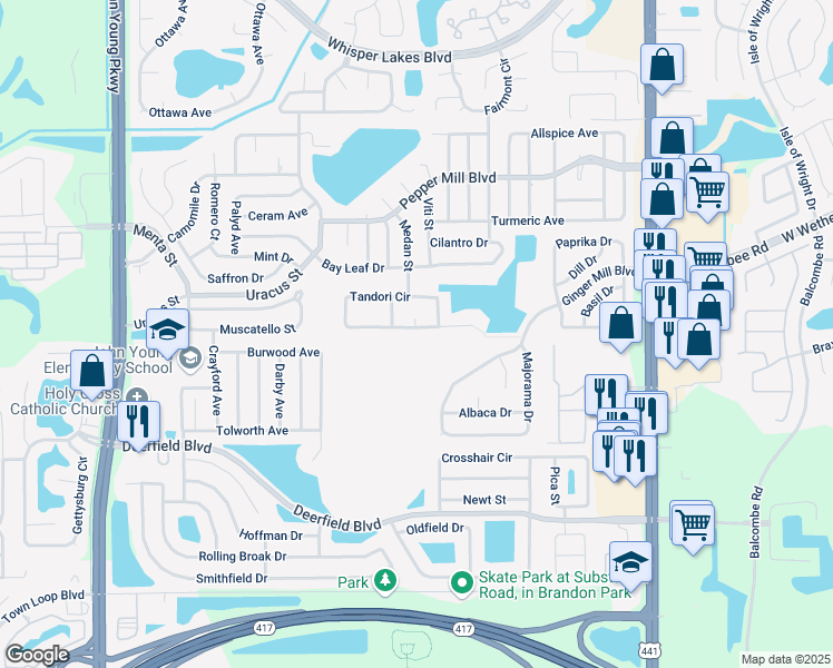 map of restaurants, bars, coffee shops, grocery stores, and more near 2498 Tandori Circle in Orlando