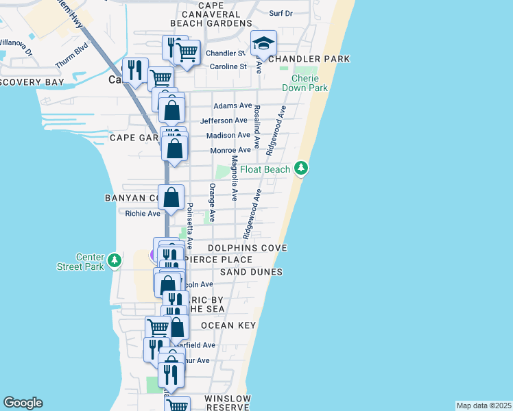 map of restaurants, bars, coffee shops, grocery stores, and more near 7400 Ridgewood Avenue in Cape Canaveral