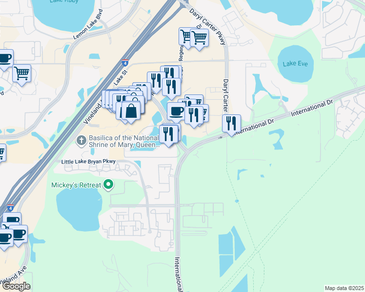 map of restaurants, bars, coffee shops, grocery stores, and more near 8128 Arrezzo Way in Orlando