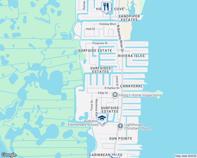 map of restaurants, bars, coffee shops, grocery stores, and more near 1565 Salmon Street in Merritt Island