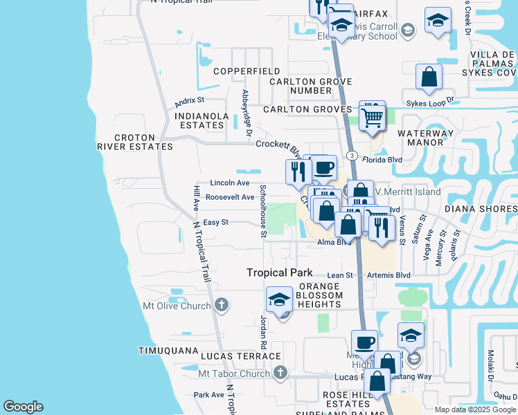 map of restaurants, bars, coffee shops, grocery stores, and more near 416 Roosevelt Avenue in Merritt Island