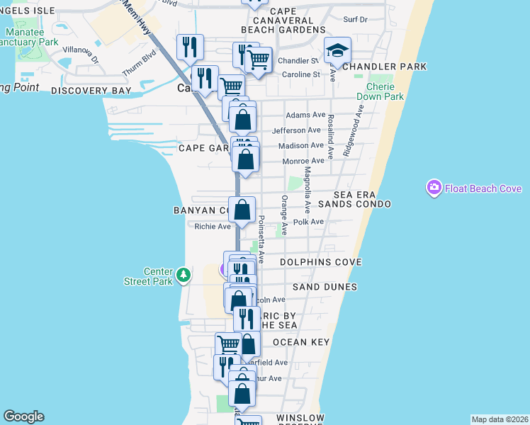 map of restaurants, bars, coffee shops, grocery stores, and more near 7610 Poinsetta Avenue in Cape Canaveral