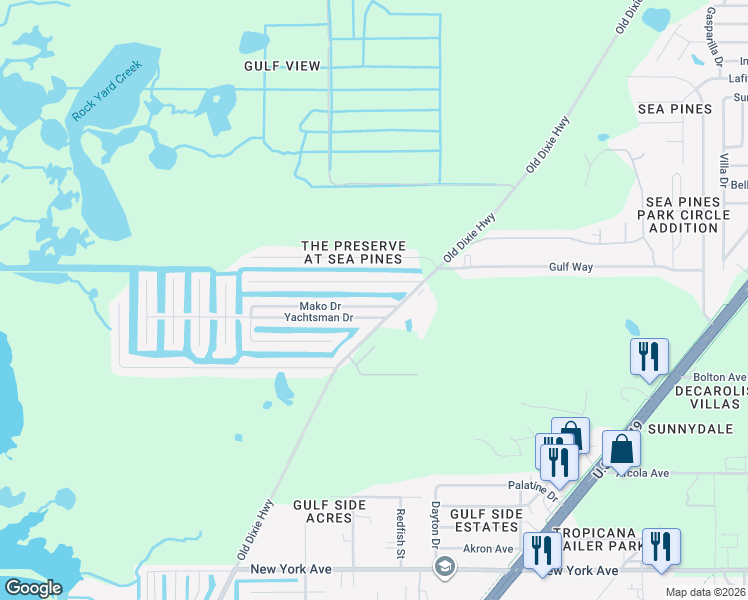 map of restaurants, bars, coffee shops, grocery stores, and more near 7611 Mako Drive in Hudson